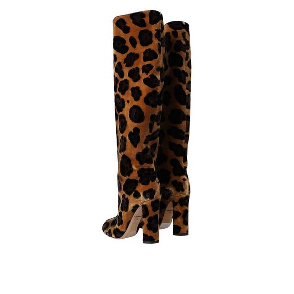 Dolce & Gabbana Velvet Leopard Print KneeHigh Boots Women Brown - Picture 4 of 6
